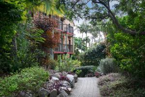 a garden with a walkway in front of a building at Toowong Villas in Brisbane