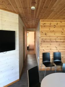 a room with a wall with a tv and chairs at Haga Park Camping & Stugor in Mörbylånga