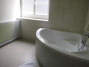 a bathroom with a bath tub and a window at Hotel Hubert Nové Zámky in Nové Zámky