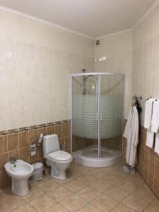 ein Bad mit einer Dusche, einem WC und einem Waschbecken in der Unterkunft Europe Hotel Brody in Brody