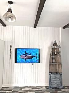 eine Wand mit einem Fernseher mit Hai drauf in der Unterkunft Village Island Heights in Adeje