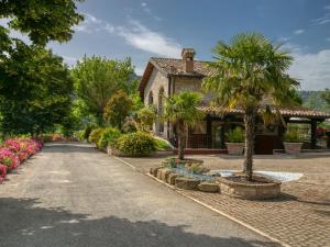una casa con una palma in un vialetto di Holiday home in Cagli with swimming pool and fenced garden ad Acqualagna