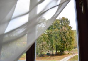 a window with a view of a field and trees at Somhegyi Öreg Hársfák Major Vendégház in Bakonybél