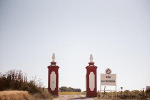 Un camino con dos torres con un cartel. en La Carreña, en Jerez de la Frontera