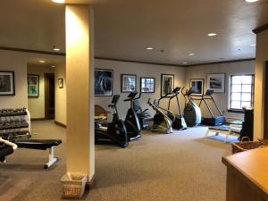 einen Fitnessraum mit mehreren Laufbändern und Heimtrainern in der Unterkunft Hotel Gasthof Gramshammer in Vail