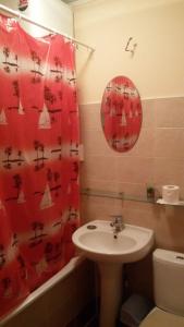 baño con lavabo y cortina de ducha roja en Admiral Home en Mykolaiv