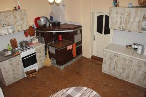 a small kitchen with a stove and a sink at У МИХАЙЛА під лісом in Verkhovyna