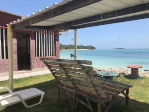 um banco de madeira sentado na relva perto da praia em Apartamentos Rocky Cay Bay em San Andrés