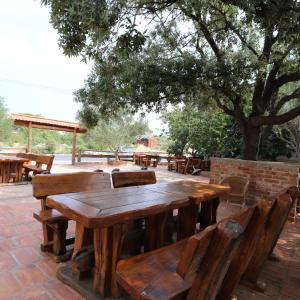 a wooden table and chairs in a patio with a tree at Pool Apartment Knezevic in Novalja