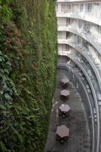 a walkway with umbrellas next to a building at Pennsylvania Suites in Mexico City