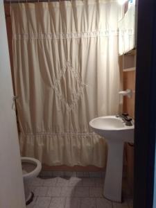 y baño con cortina de ducha y lavamanos. en Residencia La Perla en Mar del Plata