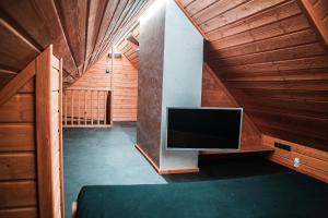 a living room with a flat screen tv in a wooden ceiling at Apartament Mountain Chalet in Szczawnica