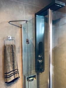 a shower with a glass door and a towel at Modern Suite #0 - best location in Aguadilla