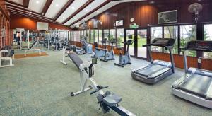 a gym with a row of treadmills and machines at The Bayview Beach Resort in Batu Ferringhi