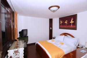 Habitación de hotel con cama y TV en HOTEL LA CASONA SAN AGUSTIn en San Agustín