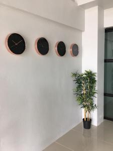 three clocks on a white wall with a plant at Rest Point Sampran in Nakhon Pathom