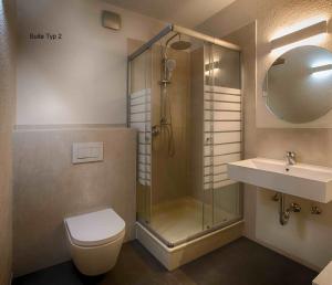 a bathroom with a shower and a toilet and a sink at Hofgut Held in Prüm