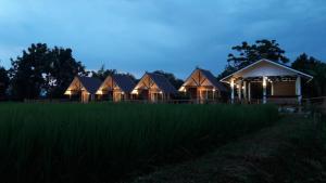 a row of houses lit up at night at ฮ้างนาตาจันทร์ in Pua