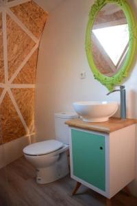 a bathroom with a toilet and a sink and a mirror at Domo en Montes de Toledo in Mazarambroz