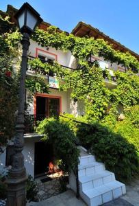a street light in front of a building with ivy at Chrissafis Hotel in Panagia
