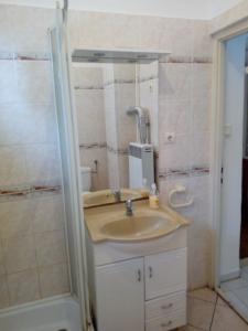 Abádi Karmazsin Ház في أبادزالوك: حمام مع حوض ودش