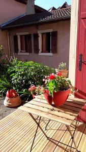 - une table en bois avec 2 pots de fleurs dans l'établissement L'appartement d'Anna, à Annecy