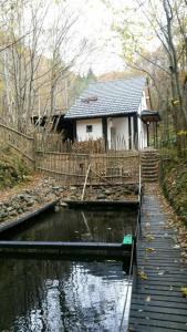 une petite maison sur une rivière avec un pont en bois dans l'établissement Cabana Crenguta, à Sibiu