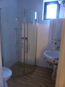 ein Bad mit einer Dusche, einem WC und einem Waschbecken in der Unterkunft Cabana Crenguta in Sibiu