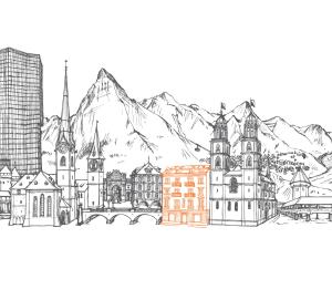 a drawing of a city with a mountain in the background at easyHotel Zürich Limmatplatz in Zürich