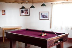 uma mesa de bilhar numa sala de estar com uma piscina roxa em Utengule Coffee Lodge em Utengule