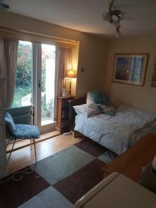 ein Schlafzimmer mit einem Bett und einem Stuhl und einem Fenster in der Unterkunft The garden room, pets, fridge Tv in Chester