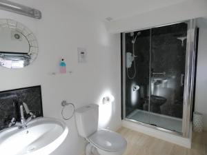a bathroom with a toilet and a sink and a shower at Rialto Holiday Apartments in Bridlington +23 photos
