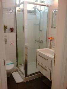 La salle de bains est pourvue d'une douche, d'un lavabo et de toilettes. dans l'établissement Agnanti Apartments, à Argaka