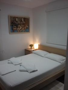 ein Schlafzimmer mit einem Bett und einem Wandgemälde in der Unterkunft Agnanti Apartments in Argaka