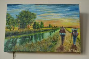 a painting of two people walking down a road next to a river at Amanecer en Campos in Población de Campos