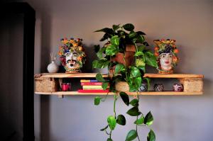 a shelf with two masks and a plant on it at Good Morning Etna in Bronte