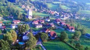 an aerial view of a small village in the mountains at Ferienhaus-Bungalow Heidi in Schöder