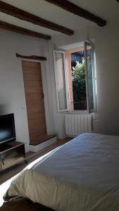 1 dormitorio con cama, ventana y TV en L'appartement d'Anna en Annecy