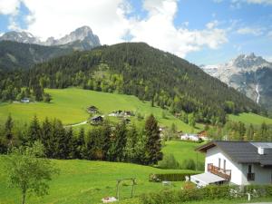 a house on a green hill with mountains in the background at Ferienhaus Höchhäusl in Werfenweng