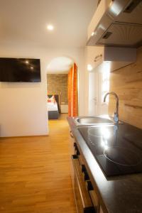 a kitchen with a sink and a counter top at Appartement Sonnblick Kuschelsuite in den Bergen in Großsölk