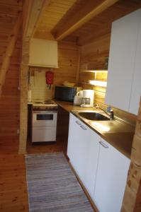 a kitchen with a stove and a sink in a cabin at Isotalo Farm at enäjärvi lake in Salo