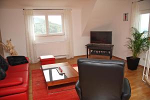 Apartment Sonnenterrasse في بادن بادن: غرفة معيشة مع أريكة حمراء وطاولة