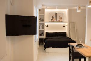 1 dormitorio con 1 cama y TV en la pared en Super Stylish Apartments in Syntagma Square! en Atenas