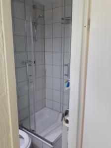 een badkamer met een douche en een glazen deur bij Haus am Dekernbach in Cochem