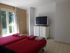 een slaapkamer met 2 bedden en een flatscreen-tv bij Suite Horatio in Heusden - Zolder