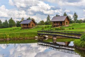 a couple of log homes next to a lake at Vip Forest dreams villa in Anykščiai