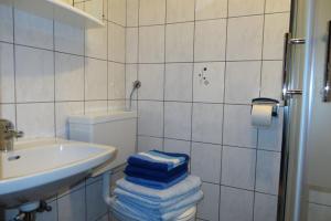 a bathroom with a toilet and a sink and towels at Haus Manuela am Pressegger See in Egg +25 photos