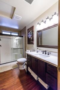 La salle de bains est pourvue de toilettes, d'un lavabo et d'une douche. dans l'établissement Mountain View Playhouse Near Yosemite & Bass Lake, à Oakhurst