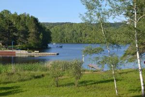 a view of a lake with a dock and trees at Les 4 chalets - Le 605 in Lac-Saint-Paul