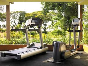 峇都丁宜的住宿－檳城沙洋香格里拉，窗户前设有两台跑步机的健身房